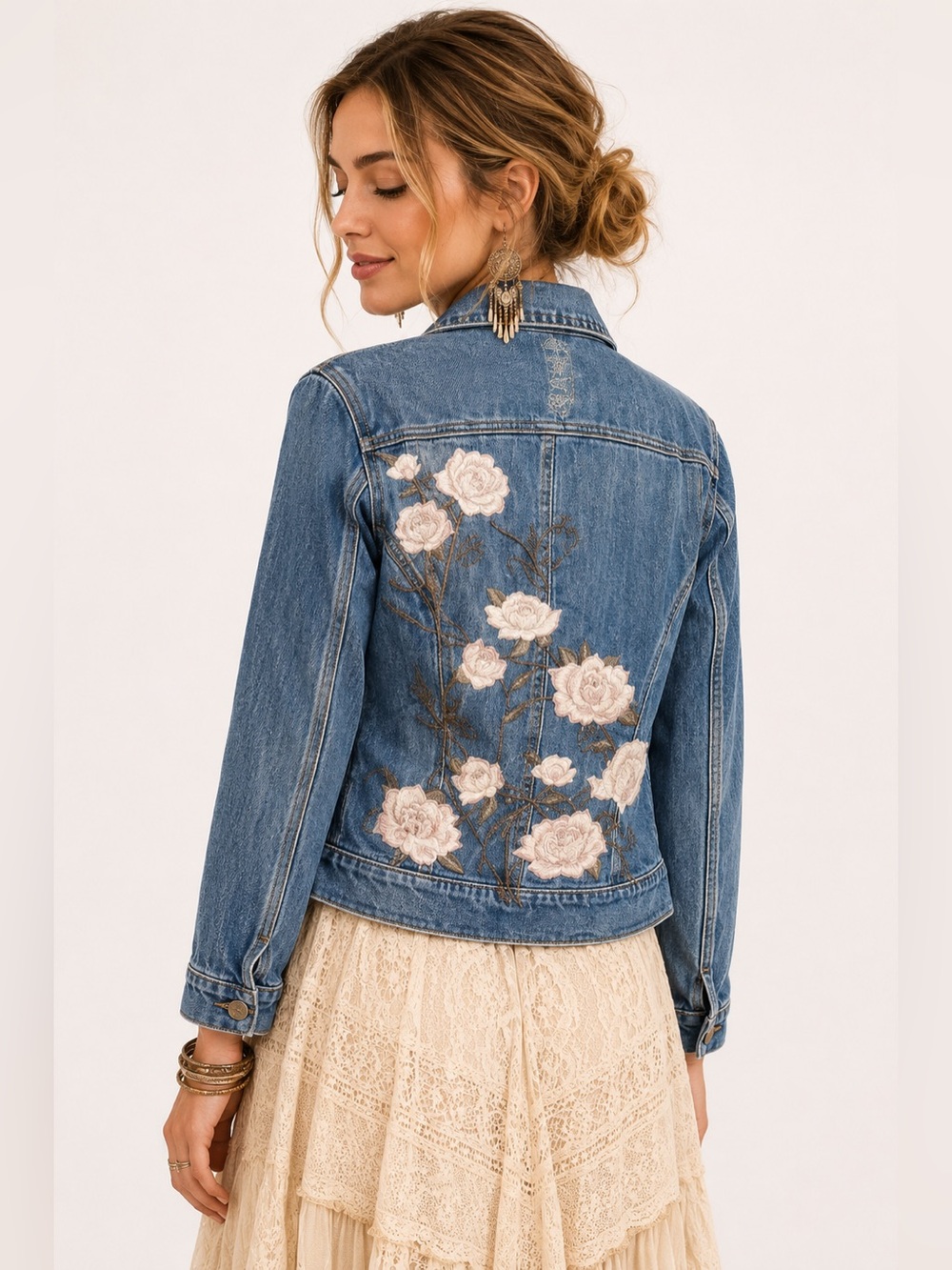 Chico's Light Blue Denim Jacket with Pink Floral Design